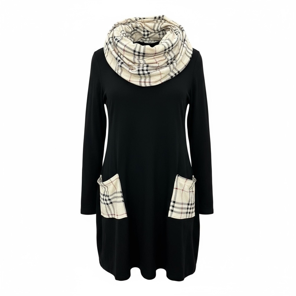 Plaid Accent Black Cowl Neck Dress